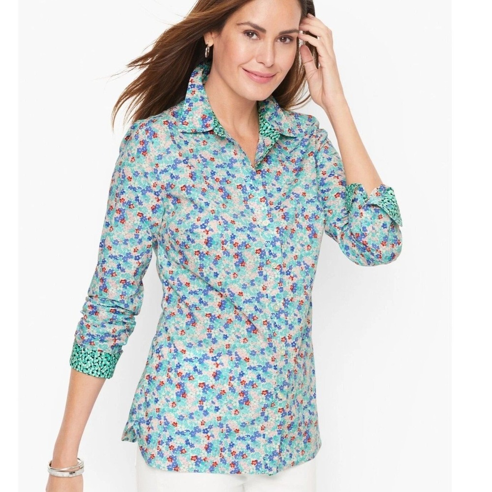 Talbots Womens Medium Blue Pink Floral Cotton Long Sleeve Button Down Shirt